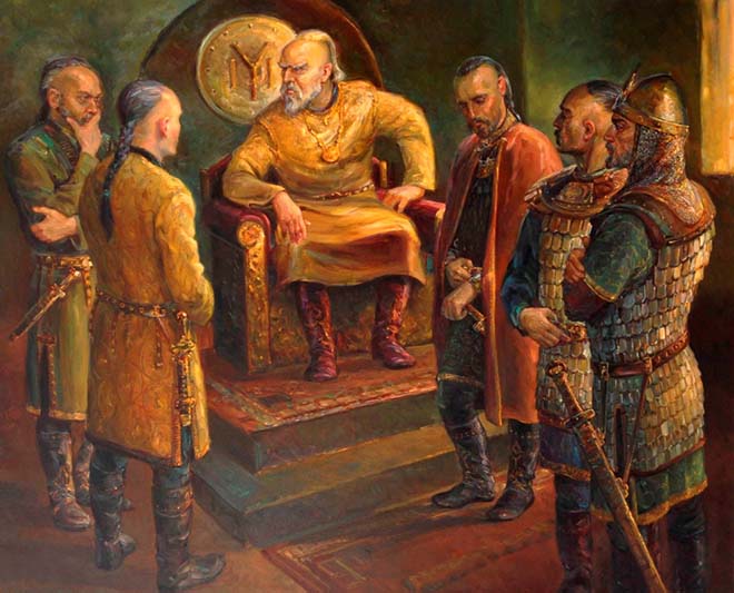 Хан Кубрат и его сыновья.(худ. Ал. Алексиев-Хофарт) На щите за спиной хана изображена тамга тюркского рода Дуло, создавшего Великую Болгарию