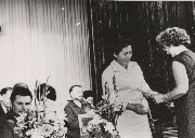 Драмтеатр, 1967 г. Юбилей Х. Байрамуковой. Вручает подарки Н.С. Аджиева директор областной библиотеки